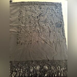 Adrienne Landau 100% Silk Black Fringe Scarf Shawl Wrap Floral Pattern 50”x46”